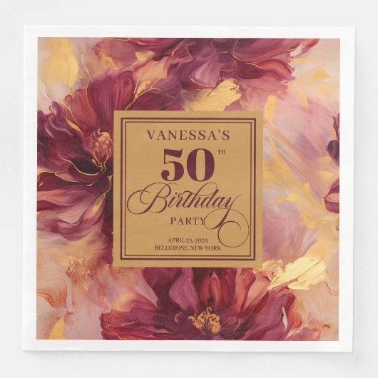 Glam Boho Burgundy Blush Gold Floral 50th Birthday (正面)