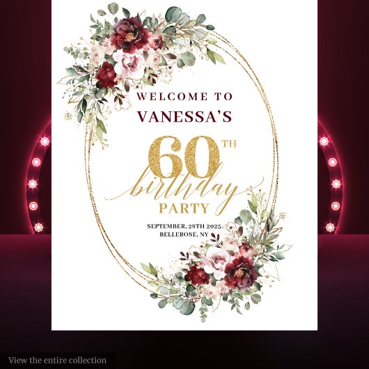 Glam Boho Burgundy Gold Floral 60th Birthday Prop タペストリー