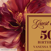Glam Boho Dark Red Blush Gold Floral 50th Birthday ゲストブック