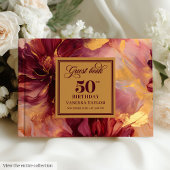 Glam Boho Dark Red Blush Gold Floral 50th Birthday ゲストブック