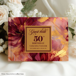 Glam Boho Dark Red Blush Gold Floral 50th Birthday ゲストブック