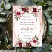 Glam Boho Dark Red Gold Floral Wedding Invitation 招待状