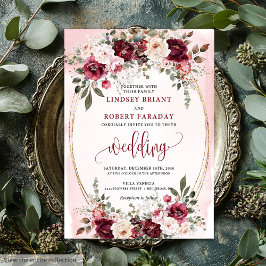 Glam Boho Dark Red Gold Floral Wedding Invitation 招待状