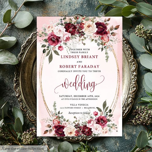Glam Boho Dark Red Gold Floral Wedding Invitation 招待状