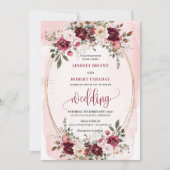Glam Boho Dark Red Gold Floral Wedding Invitation 招待状 (正面)