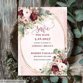 Glam Boho Deep Red Blush Gold Flowers Save Date 招待状