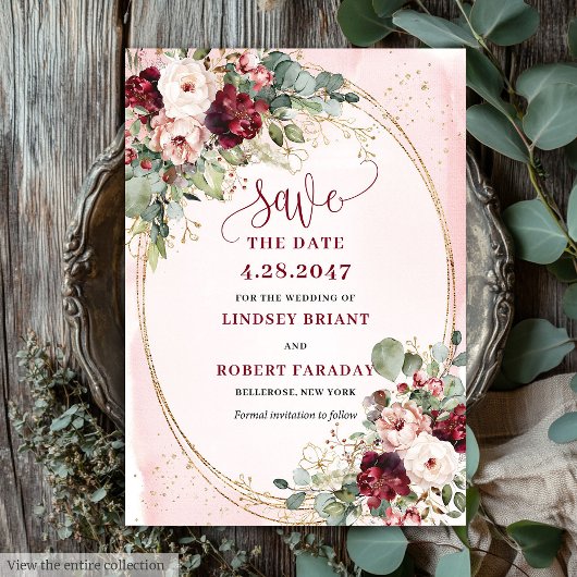 Glam Boho Deep Red Blush Gold Flowers Save Date 招待状