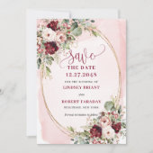 Glam Boho Deep Red Blush Gold Flowers Save Date 招待状 (正面)