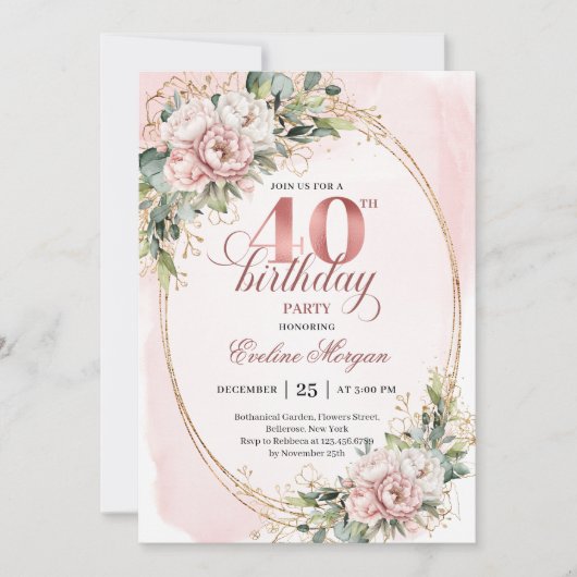 Glam Boho Dusty Pink Flowers 40th Birthday Invite 招待状 (正面)