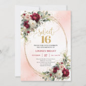 Glam Boho Merlot Gold Floral 16th Birthday Invites 招待状 (正面)