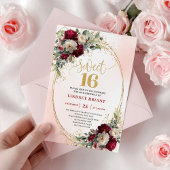 Glam Boho Merlot Gold Floral 16th Birthday Invites 招待状