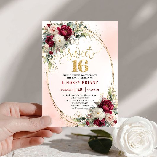 Glam Boho Merlot Gold Floral 16th Birthday Invites 招待状