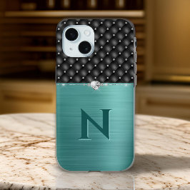 Glam Brushed Green Metalとレザーフェイクルック iPhone 15ケース