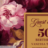 Glam Burgundy Blush Gold Floral 50th Birthday ゲストブック