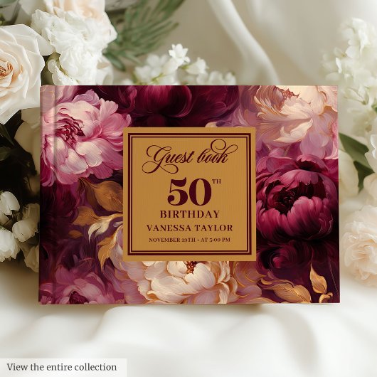Glam Burgundy Blush Gold Floral 50th Birthday ゲストブック