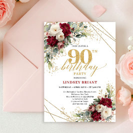 Glam Burgundy White Rose Gold 90th Birthday Invite 招待状