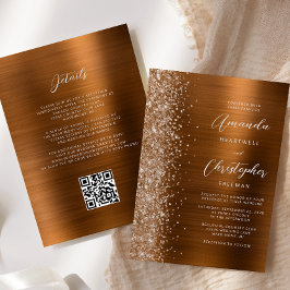 Glam Burnt Orange Brushed Metal QR Code Wedding 招待状