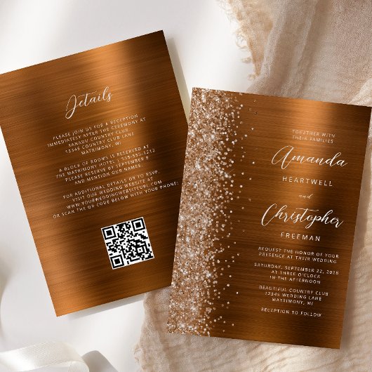 Glam Burnt Orange Brushed Metal QR Code Wedding 招待状