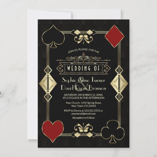 Glam Casino Gold Art Deco Fleur-de-Lis Wedding 招待状 (正面)