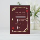 Glam Casino Gold Deep Burgundy Art Deco Wedding 出欠カード (スタンド正面)