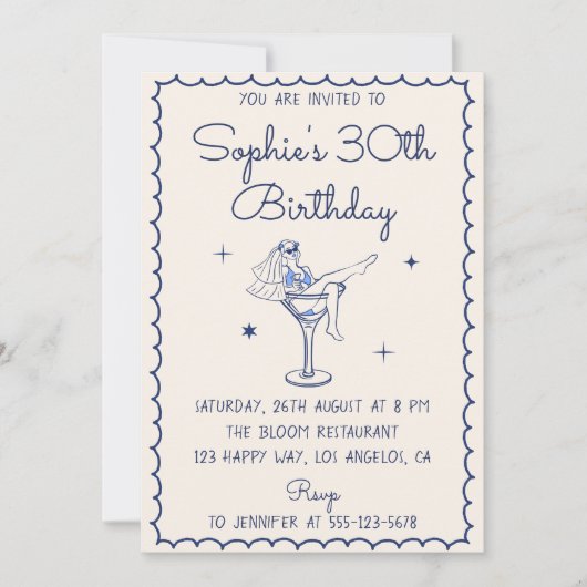 Glam Chic Blue Martini Glass 30th Birthday 招待状 (正面)