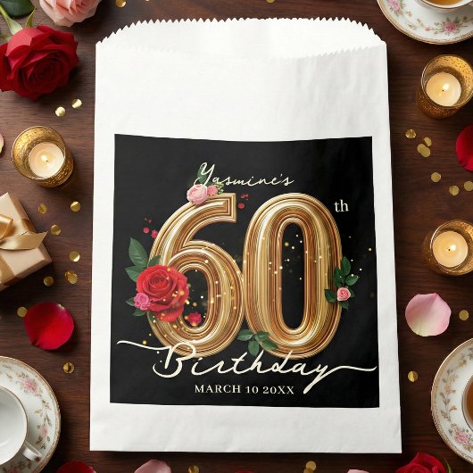 Glam Chic Gold Red Roses on Black 60th Birthday フェイバーバッグ