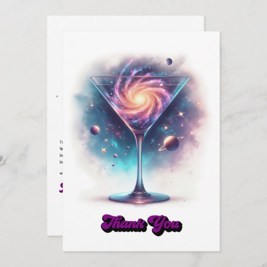 Glam Chic Retro Martini Galaxy Glass Design サンキューカード (正面/裏面)