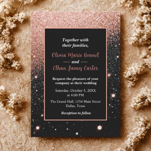 glam chic rose gold Glitter gold frame wedding 招待状