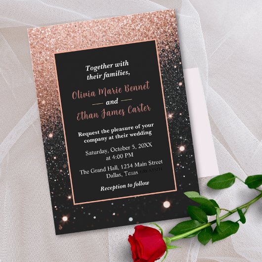 glam chic rose gold Glitter gold frame wedding 招待状