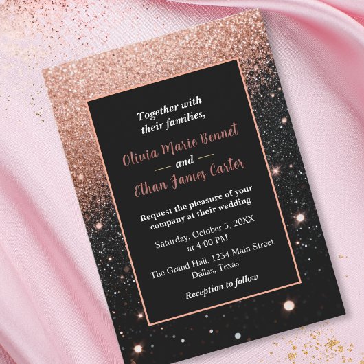 glam chic rose gold Glitter gold frame wedding 招待状
