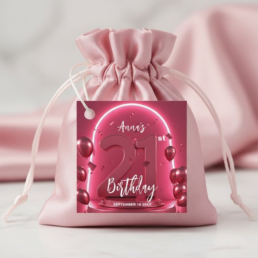 Glam Chic Vibrant Neon Pink 21st Birthday Party フェイバータグ