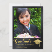 Glam Class of 2025ブラックと金ゴールド写真卒業 案内状 (正面)