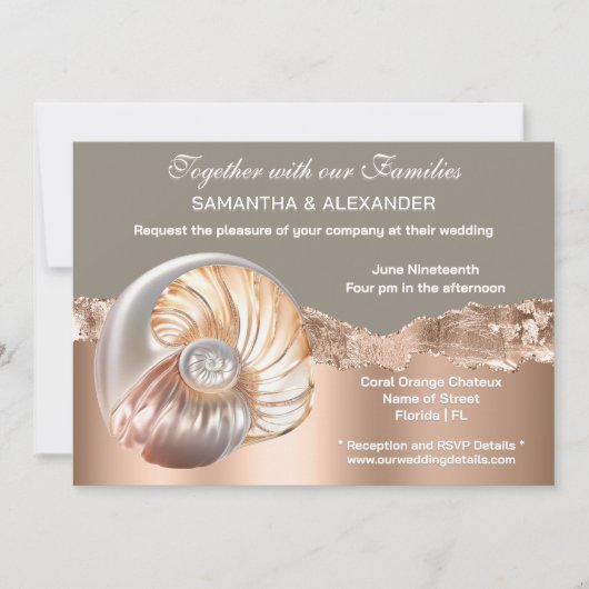 Glam Coastal Shell Beach Wedding Invitation 招待状 (正面)