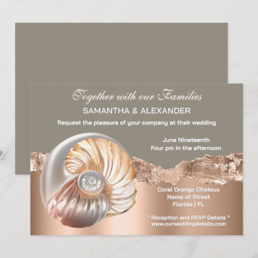 Glam Coastal Shell Beach Wedding Invitation 招待状 (正面/裏面)