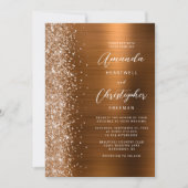Glam Copper Brushed Metal Glitter Wedding 招待状 (正面)