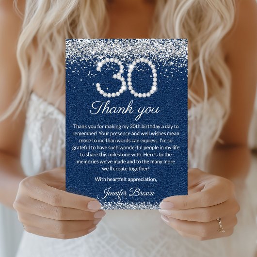 Glam Denim & Diamonds 30th Birthday Thank you Card サンキューカード