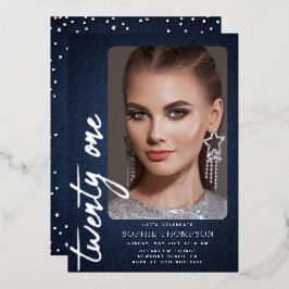 Glam Denim Diamonds Blue Jeans 21th Birthday写真 箔招待状