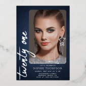 Glam Denim Diamonds Blue Jeans 21th Birthday写真 箔招待状 (正面)