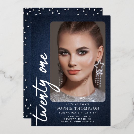Glam Denim Diamonds Blue Jeans 21th Birthday写真 箔招待状 (正面/裏面)
