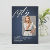 Glam Denim Diamonds Blue White 50誕生日写真 招待状 (スタンド正面)