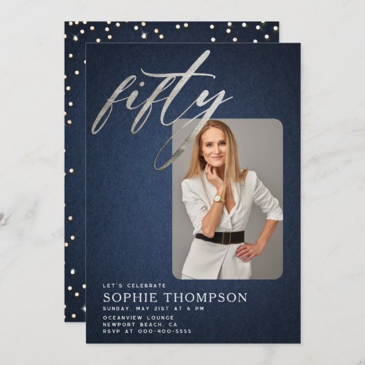 Glam Denim Diamonds Blue White 50誕生日写真 招待状 (正面/裏面)