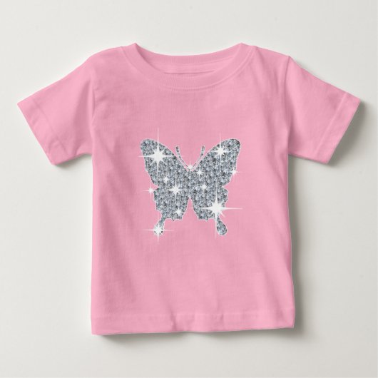Glam diamondフェイク sparkle butterfly onベビーピンク ベビーTシャツ (正面)
