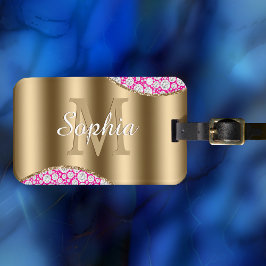 Glam Diamonds明るい赤紫色、金ゴールドモノグラム、スクリプト名 ラゲッジタグ
