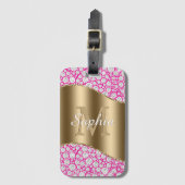 Glam Diamonds明るい赤紫色、金ゴールドモノグラム、スクリプト名 ラゲッジタグ (正面縦)