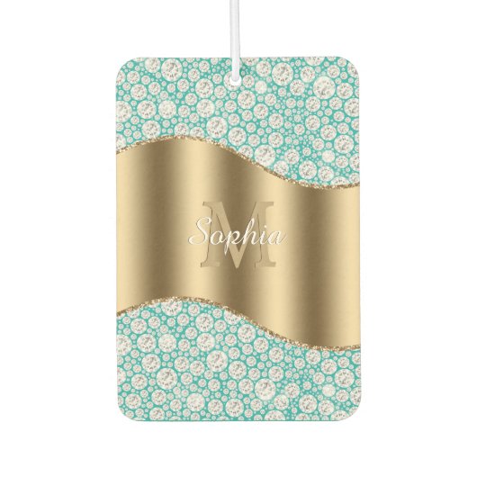 Glam Diamonds onティール（緑がかった色）、金ゴールド・モノグラム、スクリプト名 カーエアーフレッシュナー (正面)