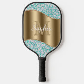 Glam Diamonds onティール（緑がかった色）、金ゴールド・モノグラム、スクリプト名 ピックルボールラケット (正面)