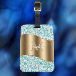 Glam Diamonds onティール（緑がかった色）、金ゴールド・モノグラム、スクリプト名 ラゲッジタグ