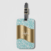 Glam Diamonds onティール（緑がかった色）、金ゴールド・モノグラム、スクリプト名 ラゲッジタグ (正面縦)