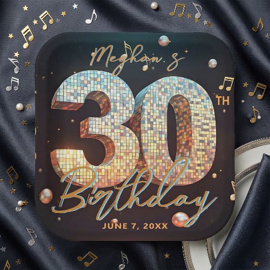Glam Disco Ball Music Notes 30th Birthday Party ペーパープレート