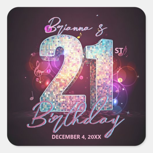 Glam Disco Ball Musical Notes Pink 21st Birthday スクエアシール (正面)